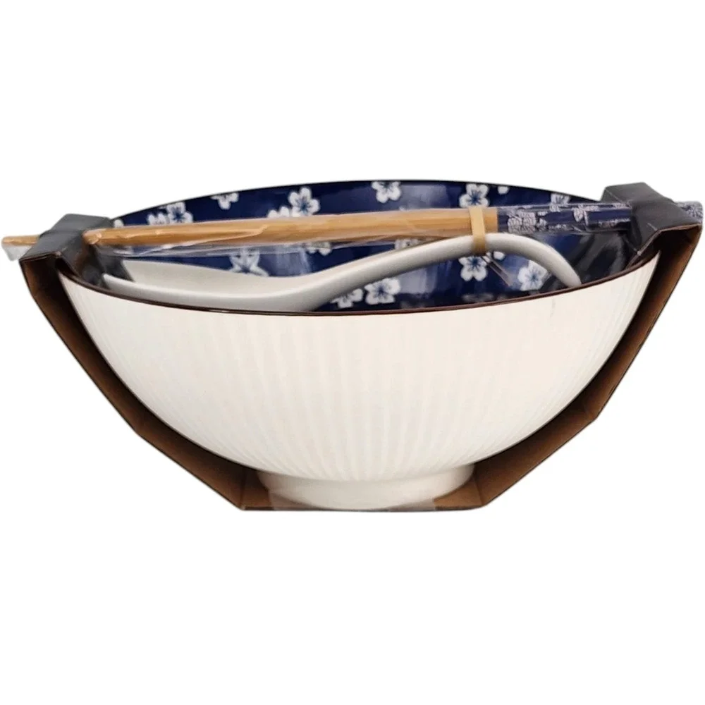 SH Home Blue Floral‎ Ceramic Ramen Noodle Bowl 43oz With Chopsticks And Spoons